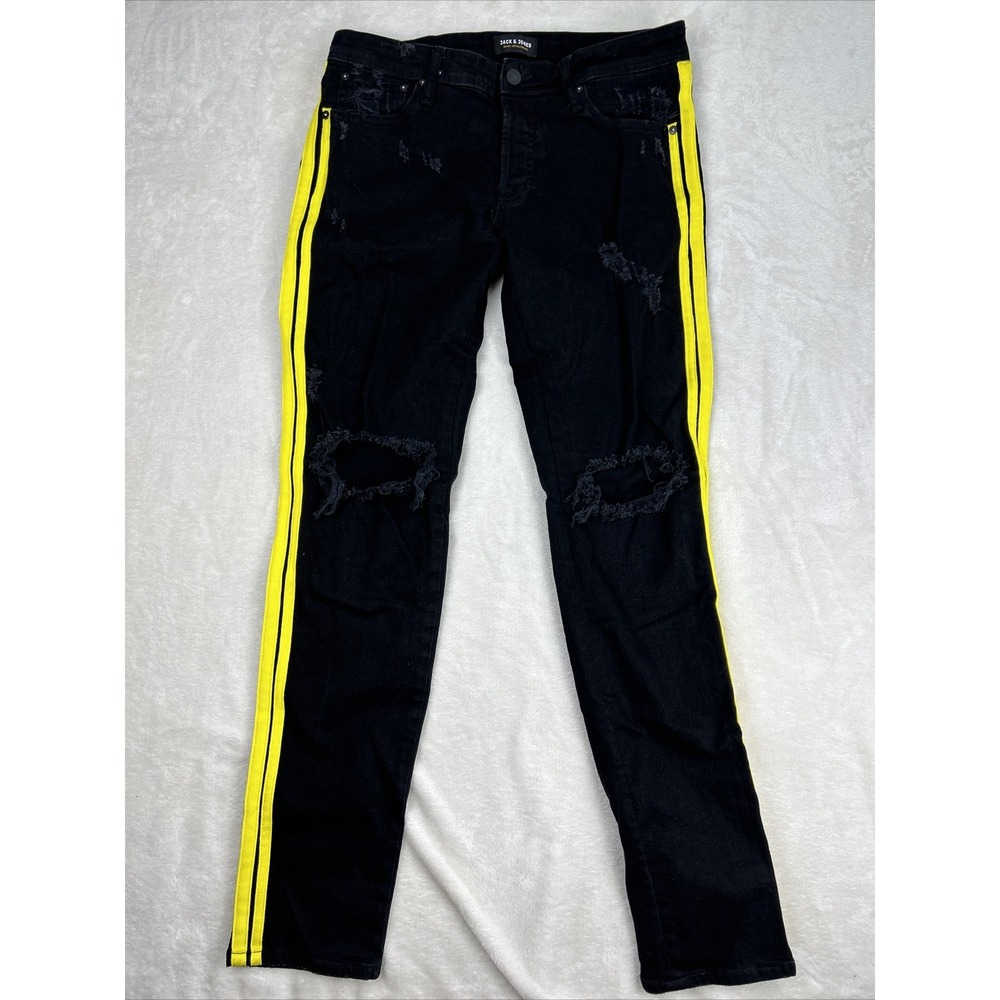 Jack & Jones Slim Fit Glenn Jeans Mens Sz 34 X 34 Black Double Yellow Stripe